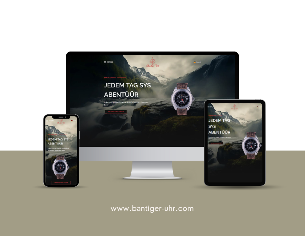 Website Bantiger Uhr responsiv dargestellt auf unterschiedlichen Bildschirmgrössen.